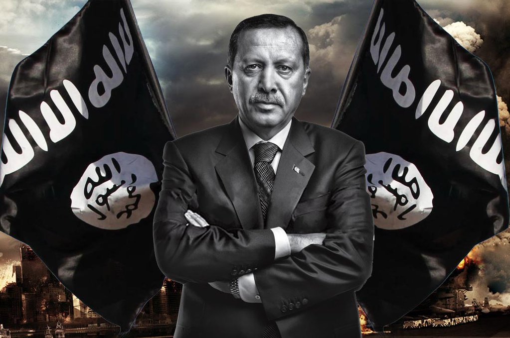 الرئيس التركي رجب طيب أردوغان وعلم تنظيم داعش